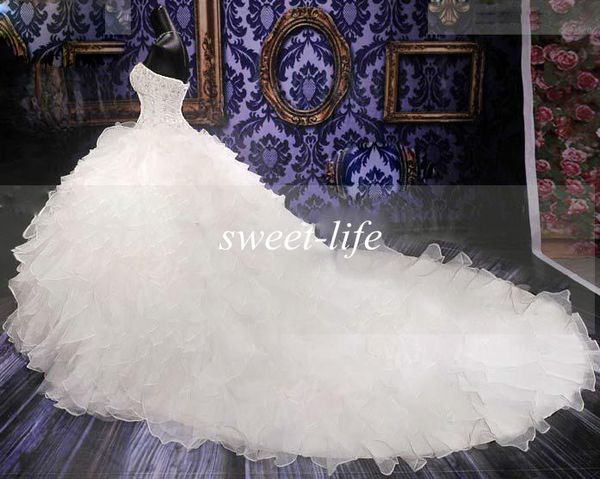 

Lxxury Crystals Wedding Dresses 2019 White Sweetheart Beads Sexy Vintage Corset Organza Cathedral Train Plus Size Bridal Ball Gowns