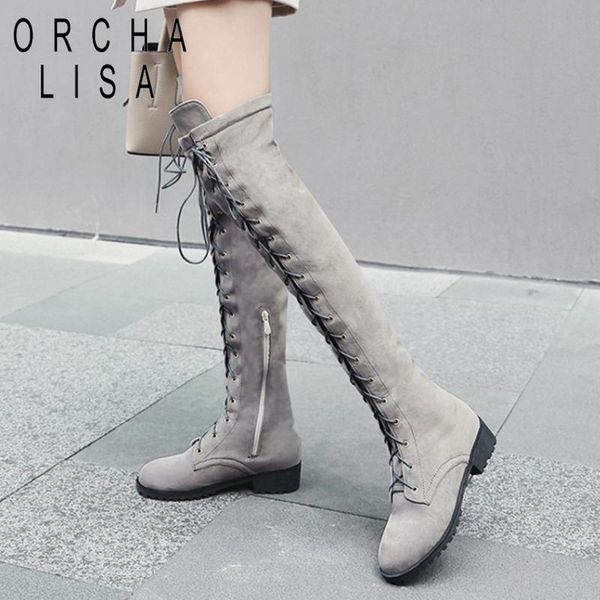 

orcha lisa new women's over the knee low block heel cross-tied boots lace up motorcycle boots riding shoes plus size black red