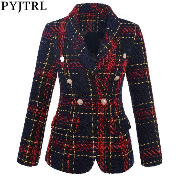 

pyjtrl women's double breasted plaid tweed wool blazer outer coat, White;black