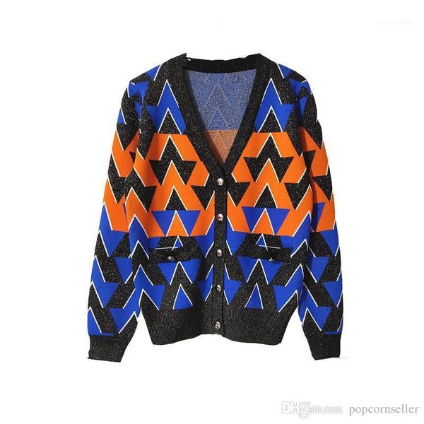 

кнопка шея длинного рукава свитер кардиган нового конструктор вязание пальто женщины зимний свитер star с геометрической gold line v, White;black