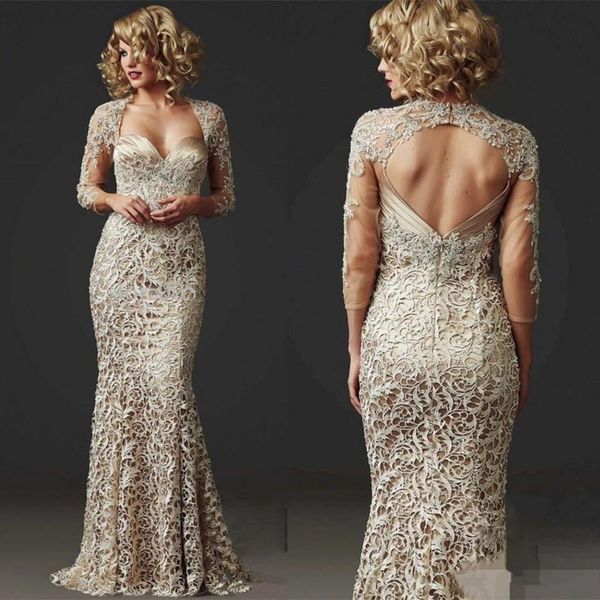 

vintage champagne mother of the bride dresses for wedding custom made full lace long sleeves mermaid wedding guest dress sweep train, Black;red