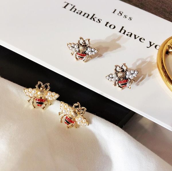 

s925 silver needle korea dongdaemun new earrings bee rhinestone pearl stud earrings small temperament insect earrings, Golden;silver