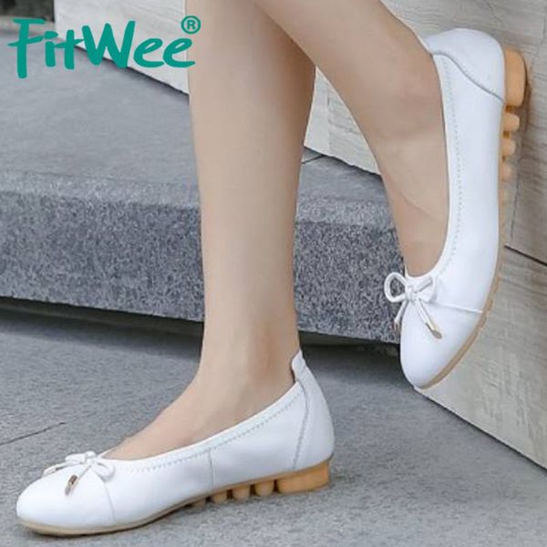 

fitwee round toe flats spring real leather women shoes sweet bowknot dancing shoes no-slip loafers casual size 34-41, Black