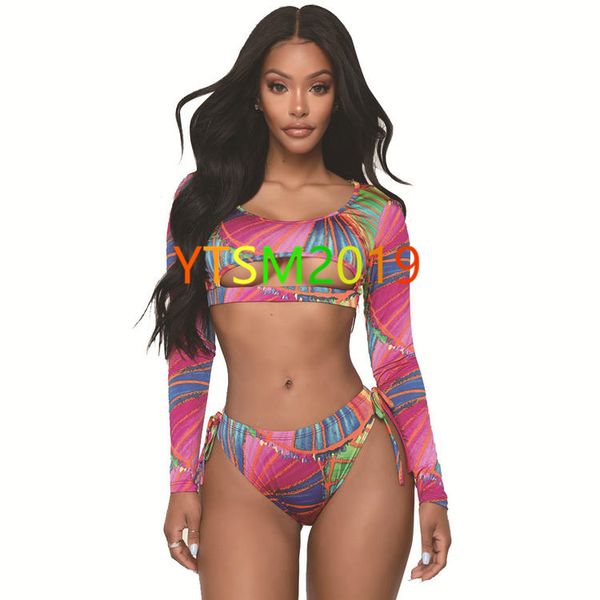 

2 two piece swimwear bikini women's long sleeve swimsuit fashion bathing suit summer style print swimming suit, White;black