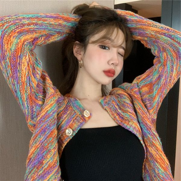 

women rainbow knitted fashion loose sweater spring autumn v-neck long sleeve single breasted argyle harajuku female cardigan, White