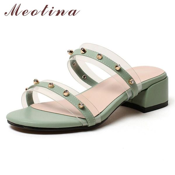 

meotina women slippers crystal mid heel slides square heels transparent shoes ladies summer causal sandals beige green size 43, Black