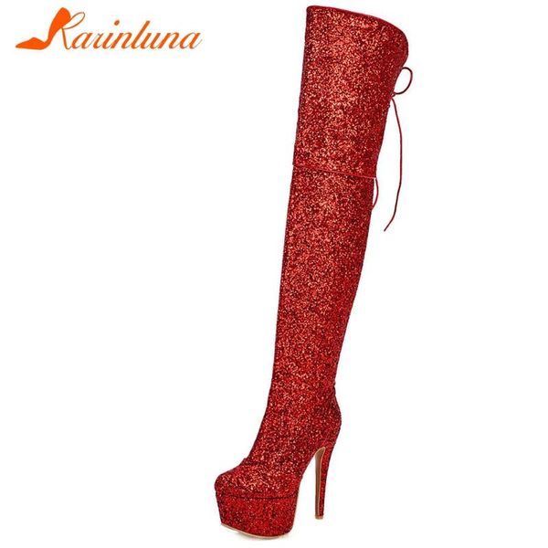 

karin plus size 33-48 new lady boots platform party thigh high boots women thin high heels over the knee shoes woman, Black