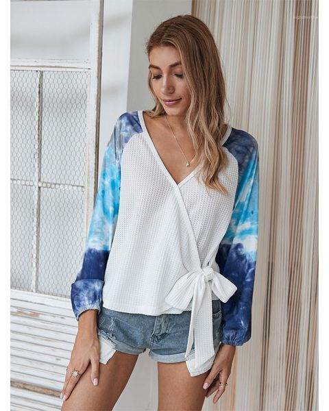 

sleeve bandage ol style female clothing autumn womens designer tshirt fashion tie dye contrast color v neck long, White