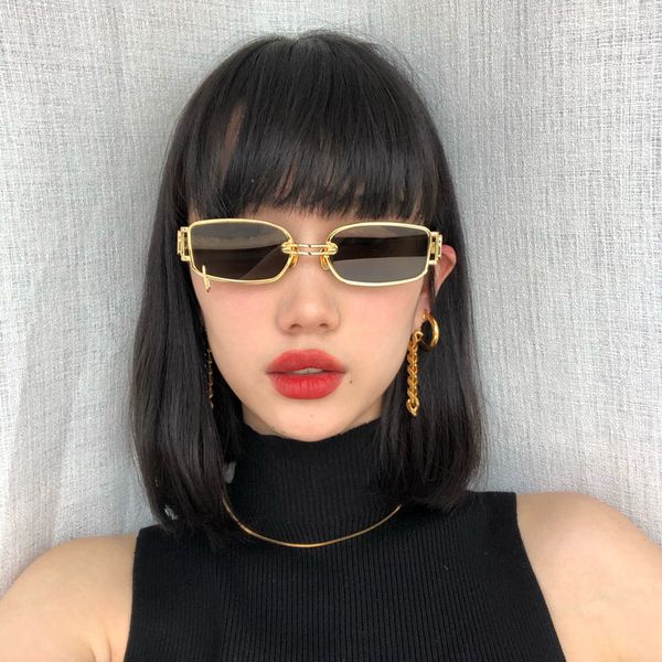 

2020 fashion celebrities same style metal sunglasses men's narrow frame square sunglasses women's trendy retro hip-hop sunglasses, White;black