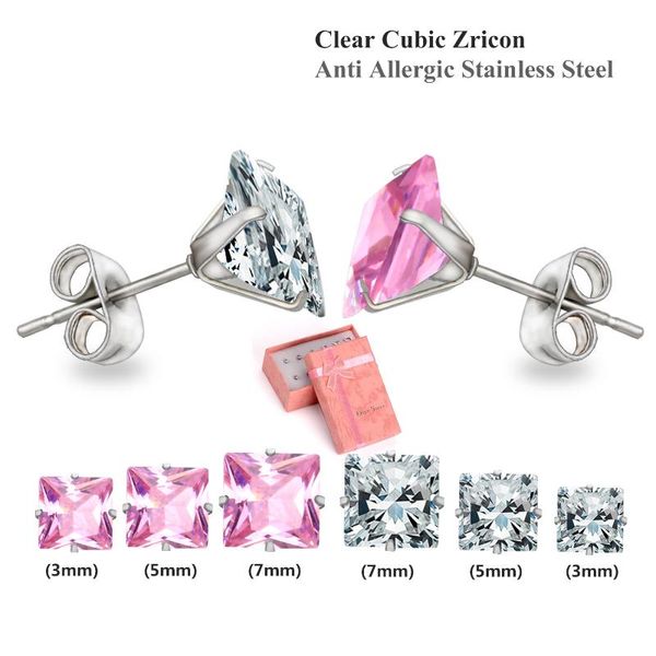 

stud luxukisskids 3/5/7mm 6pairs/lot cubic zircon square crytal stainless steel earrings for women fashion jewelry pendientes, Golden;silver