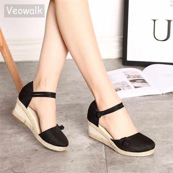 

veowalk vintage women sandals casual linen canvas wedge sandals summer ankle strap med heel platform pump espadrilles shoes, Black