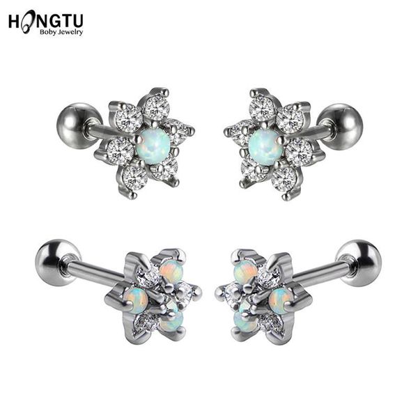 

hongtu 1pc opal ear tragus cartilage piercing crystal flower conch lobe earrings barbell piercing orelha ear stud, Golden;silver