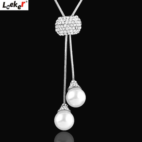 

leeker elegant double pearl ball pendant long necklace gold silver color chain for women vintage wedding jewelry 340 lk7