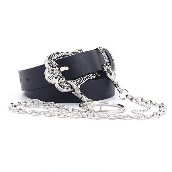 

punk chain women jeans belt western carved pin buckle female belt pu leather black ladies dress waist with chain, Black;brown