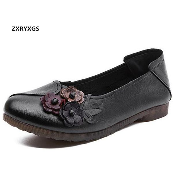 

promotion 2020 classic flowers soft sole comfortable mother shoes women flats shoes genuine leather woman casual, Black