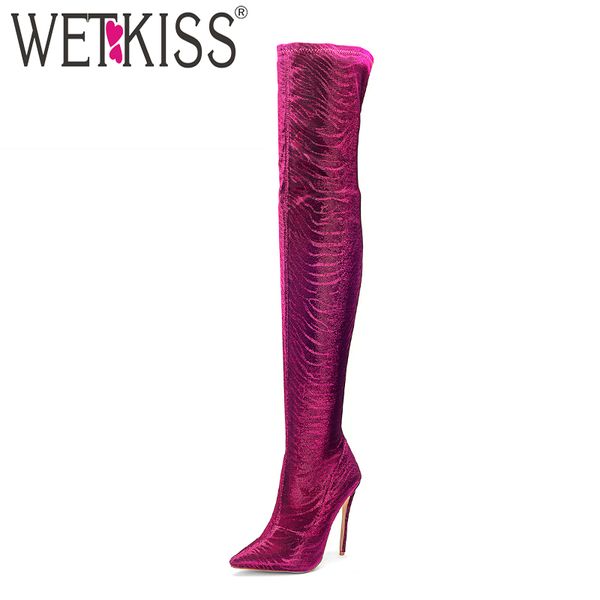

wetkiss over the knee women boots pointed toe footwear thin high heels female stretch boot party shoes woman 2020 winter new, Black