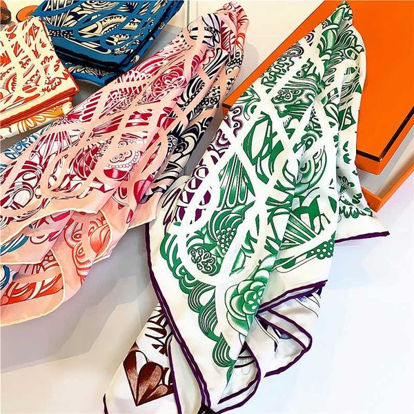 

90cm women's professional twill square scarf handmade curling geometric waves turban gift hoofddoekmoslimasilk shawls long scarf, Blue;gray