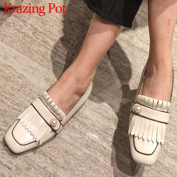 

krazing pot genuine leather square toe korean street beauty sweet pearl fringe decorations deep mouth slip on women flats l2f1, Black