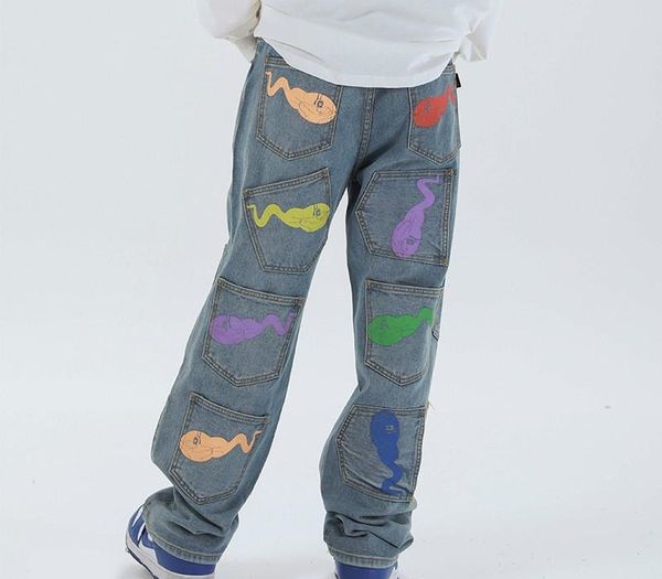 

uncledonjm tadpole printed multi-pockets jeans men's casual pants hiphop for men biker jeans denim men me-z67, Blue