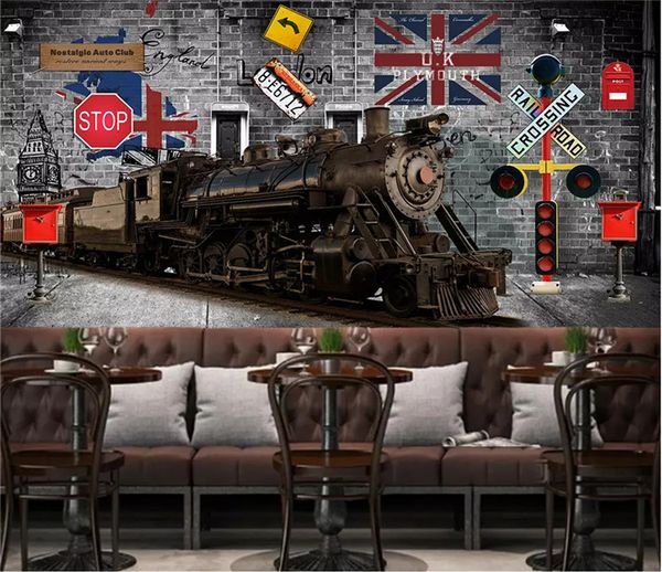 

wall paper 3d europen retro nostalgic british train bus classic car postbox gray brick wall industrial decor mural wallpaper 3d