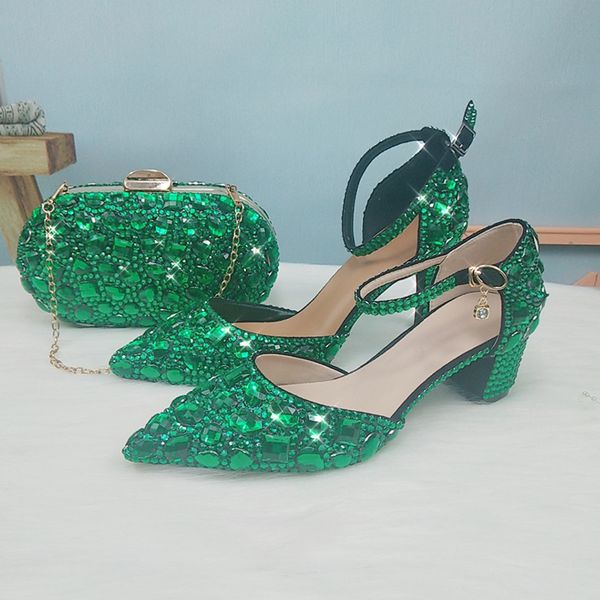 

baoyafang 2020 new arrive green crystal wedding shoes woman thin heel pointed toe bridal party dress shoe big size shoes, Black
