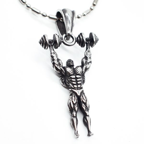 

amumiu strong man lifting dumbbell stainless steel pendant necklace for women men kp283, Silver