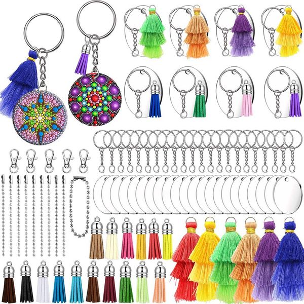 

acrylic diy keychain blanks, 105 pcs clear transparent circle discs keychain blanks 3-layers colorful tassel, Silver