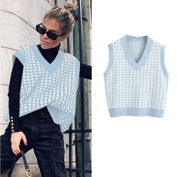 

women's vests onoti winter sweaters houndstooth plaid knitted vest sweater camisolas de inverno mulher fahion ladies oversize pullover, Black;white