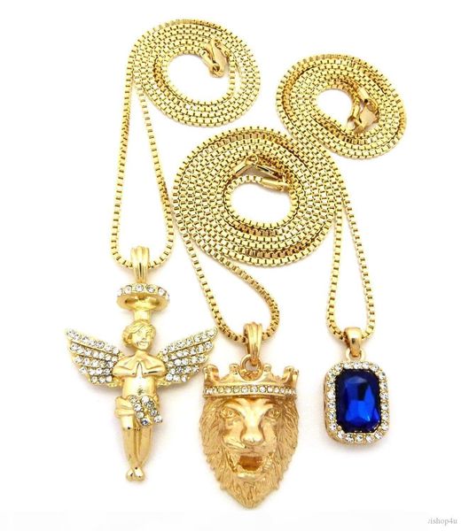 

f iced out king lion angel сапфир подвеска w box цепи 3 ожерелье set рэпер аксессуары, Silver