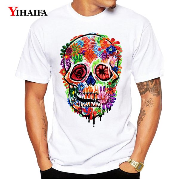 

yihaifa марка новые t-shirt men мужской roupas печати красочный цветочный череп графический тройники casual белый футболках hip hop tops