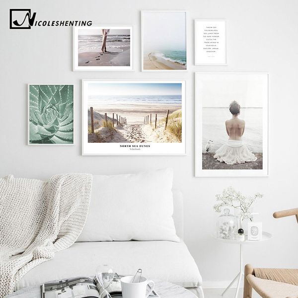 

coastal landscape canvas poster nordic style beach girl wall art print painting decoration picture scandinavian home decor