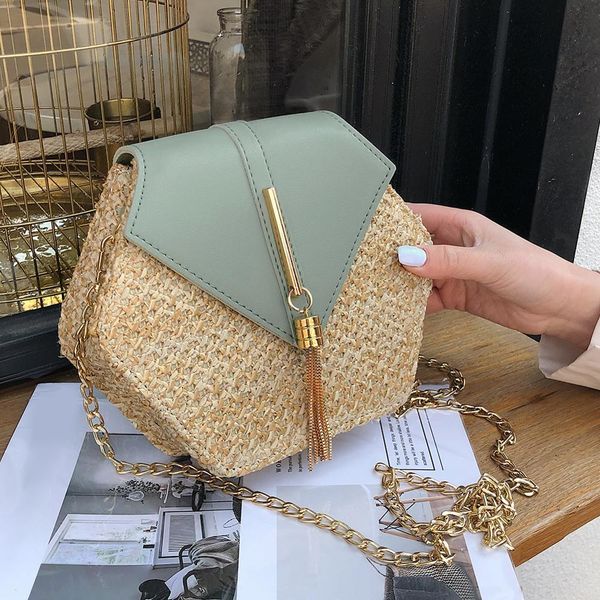

hexagon style straw shoulder bag women summer rattan bag handmade woven beach bohemia bolsa feminina fashion crossbody bag