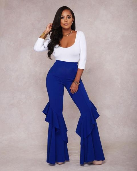 

european and american fashion solid color ruffled flared pants casual pants, Black;white