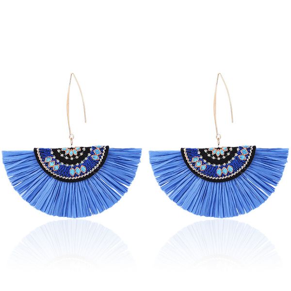 

chinese style embroidery fan-shaped raffia fringed earrings bohemian ethnic blue green tassel earrings for women wholesale, Silver