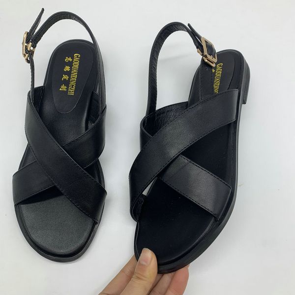 

2020 genuine leather women sandals fashion summer sweet women flats heel sandals ladies shoes size 33-43, Black