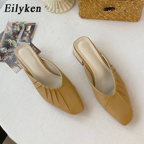 

eilyken new brand designer pleated women slippers square low heel slip on mules shallow leisure female outdoor elegant shoes, Black