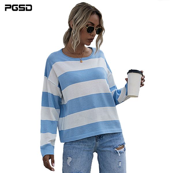 

pgsd autumn winter long sleeve sweater women casual simple fashion cool loose o-neck knitted blue white striped pullover top, White;black