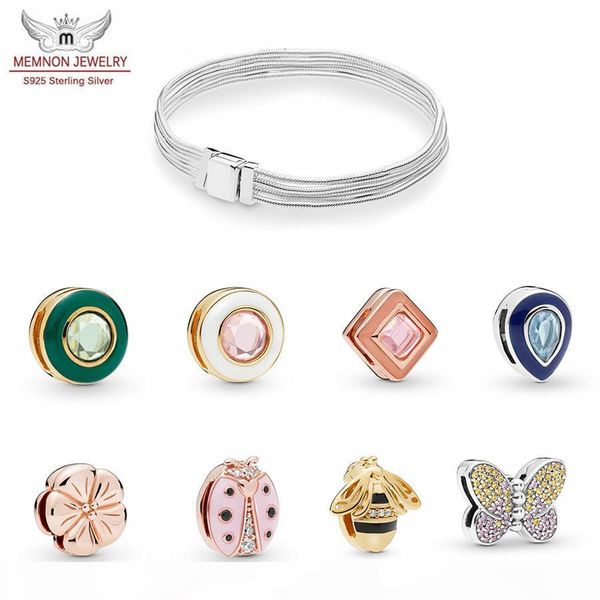 

new 2019 100% 925 sterling silver reflexions pink blue butterfly flower clip charms fit diy beaded bead charm bracelet original fashion gift, Bronze;silver