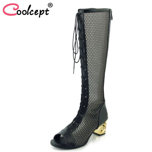 

boots coolcept size 33-46 women high heel round toe platform lace knee female fahsion shoes party club footwear, Black