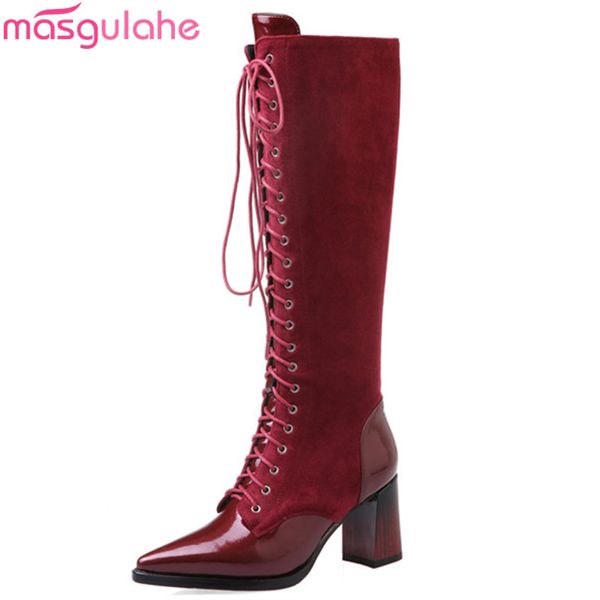 

masgulahe 2020 women knee high boots patent leather +flock pointed toe autumn high heels ladies party prom wedding shoes, Black