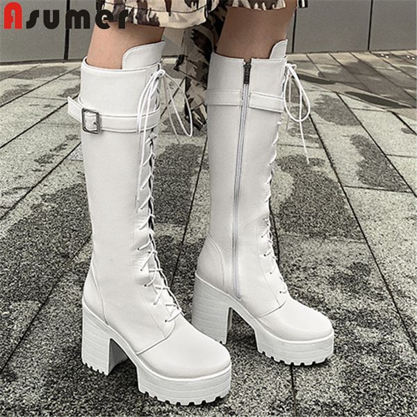 

asumer 2020 new fashion knee high boots women pu round toe buckle thick heel platform boots popular casual shoes woman, Black