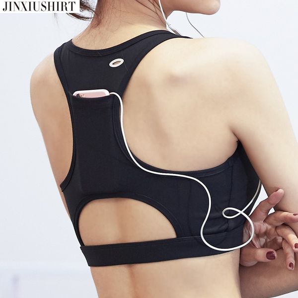 

jinxiushirt yoga crop bra pocket for phone gym fitness new sports bra cropped sleeveless women vest malga larga fitness wear, White;black