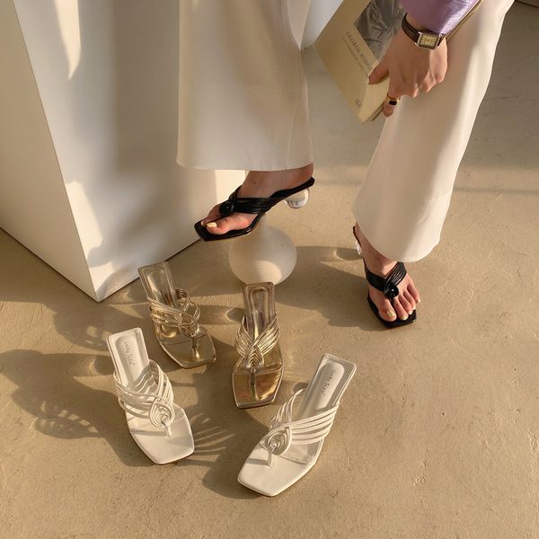 

boussac geometric ball heel slipper sandals women narrow band separated toe flip flops women med heel elegant ladies shoes, Black