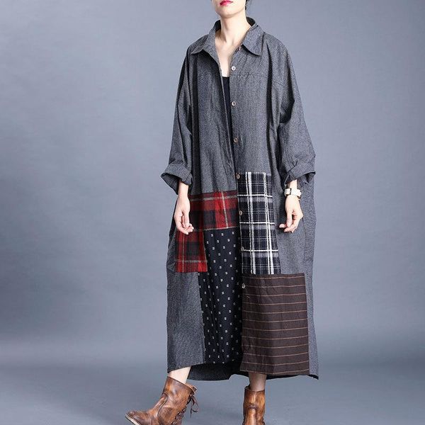 

fairy natural 2020 spring autumn vintage female casual windbreaker patchwork plaid women loose plus size coat turn down collar, Tan;black