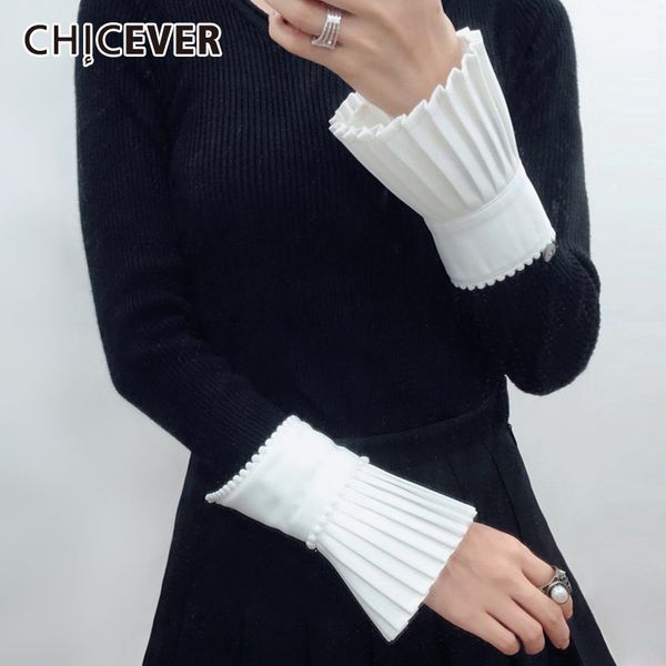 

chicever korean knitted beaded cuff gloves for women ruffles pleated white hidden breasted glove female 2020 spring fashion new, Blue;gray