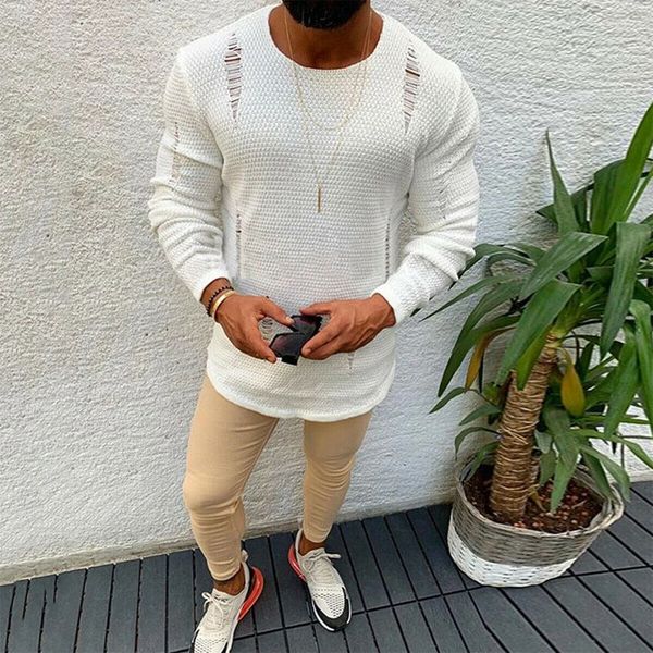 

dropshipping o-neck mens holes sweaters designer ripped long sleeved solid color autumn winter knit sweaters, White;black