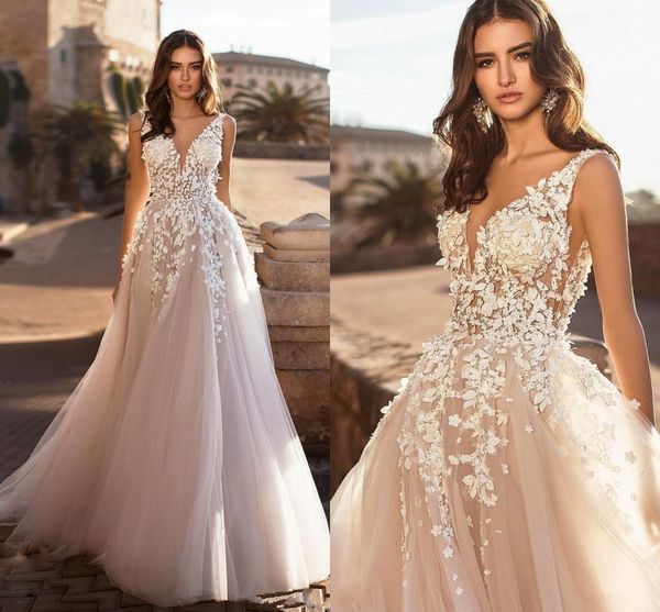 2024 gracioso decote em v praia vestidos de casamento sem costas 3d floral appliqued rendas vestidos de noiva tule novia plus size