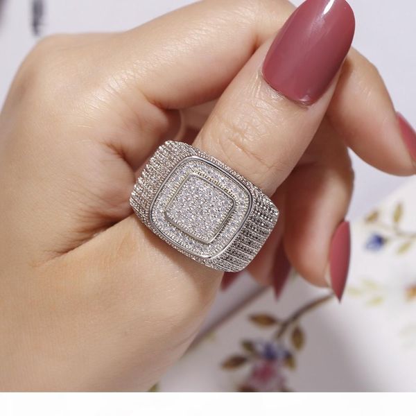 

hip hop micro pave cz stones all iced out bling ring 925 silver gold plated hip-hop rings for men jewelry boy gift size 8-13 k5664, Slivery;golden