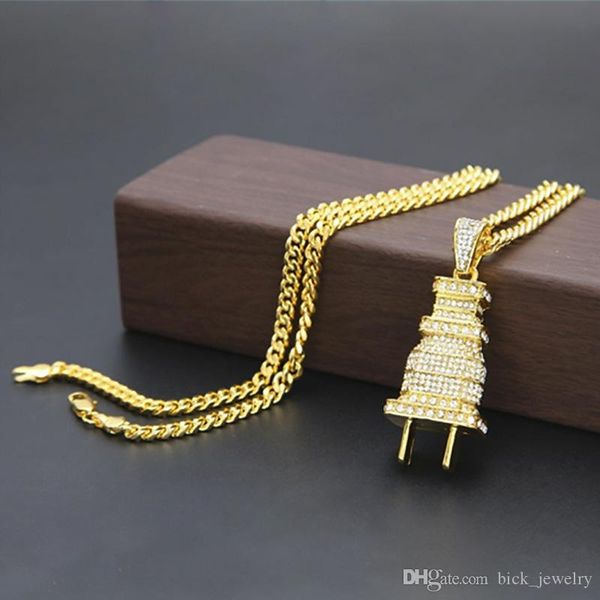 

classic plug pendant gold silver plated iced out pendant designer necklace plated rhinestone cuban chain necklace sale