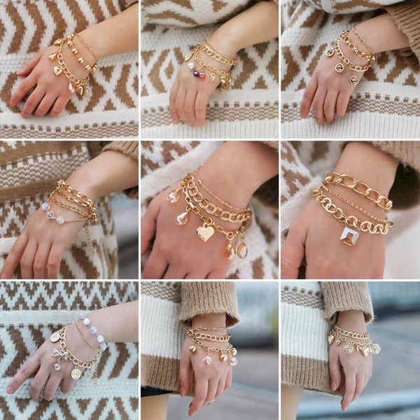 

link, chain 9 style boho women bracelets set gold bowknot heart bead crystal pearl multilayer bracelet charm party jewelry accessorie, Black